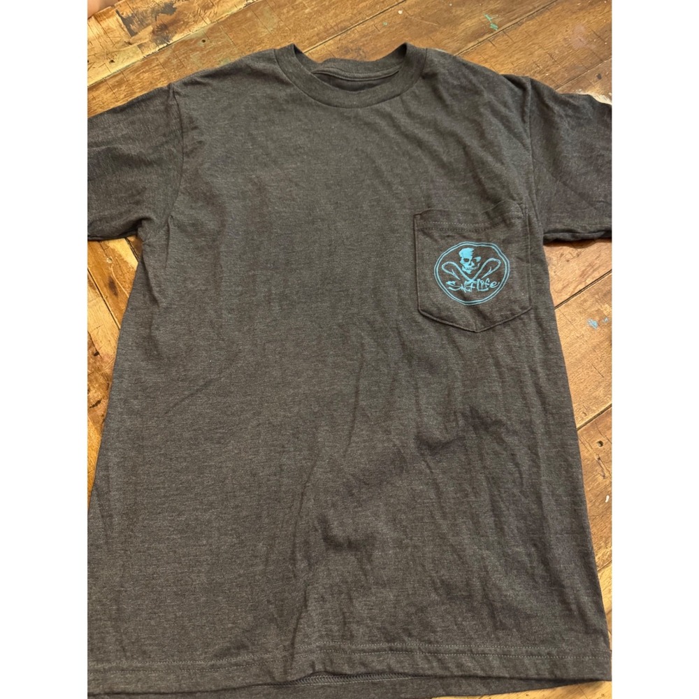 Salt Life Mens Small Gray Heather Skull Fish Hooks Graphic Pocket T-Shirt